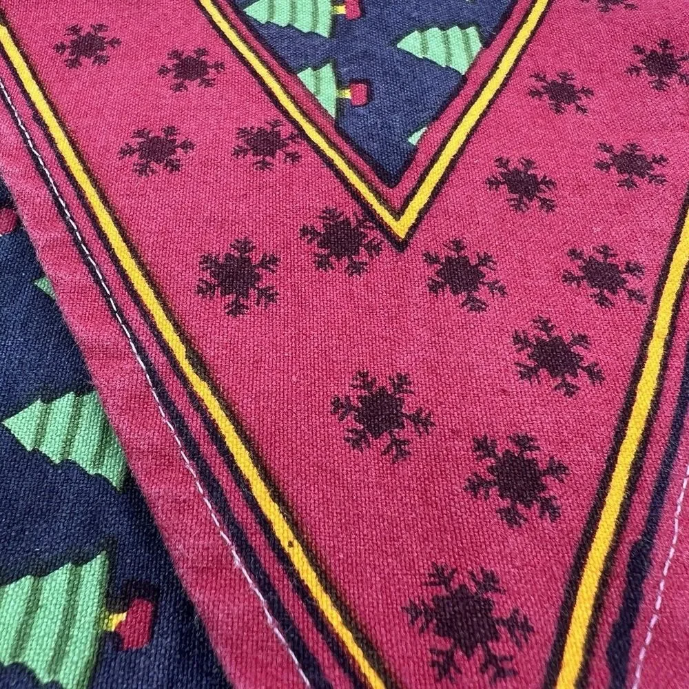 Vtg Christmas Tree Snowflake Table Runner Burgundy Navy Green 13x26 1990s Prop